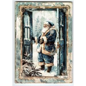 Vintage Blue Suit Santa Claus Christmas Lithograph Postcard 5.5x4"